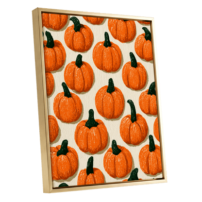 Pumpkin Parade, orange, green, beige nature wall art shown as a gold framed canvas wall art