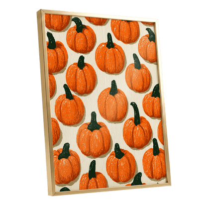 Pumpkin Parade, orange, green, beige nature wall art shown as a gold framed poster wall art print