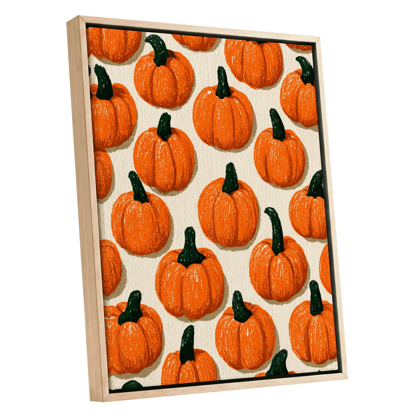Pumpkin Parade, orange, green, beige nature wall art shown as a oak framed canvas wall art