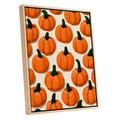 Pumpkin Parade, orange, green, beige nature wall art shown as a oak framed canvas wall art