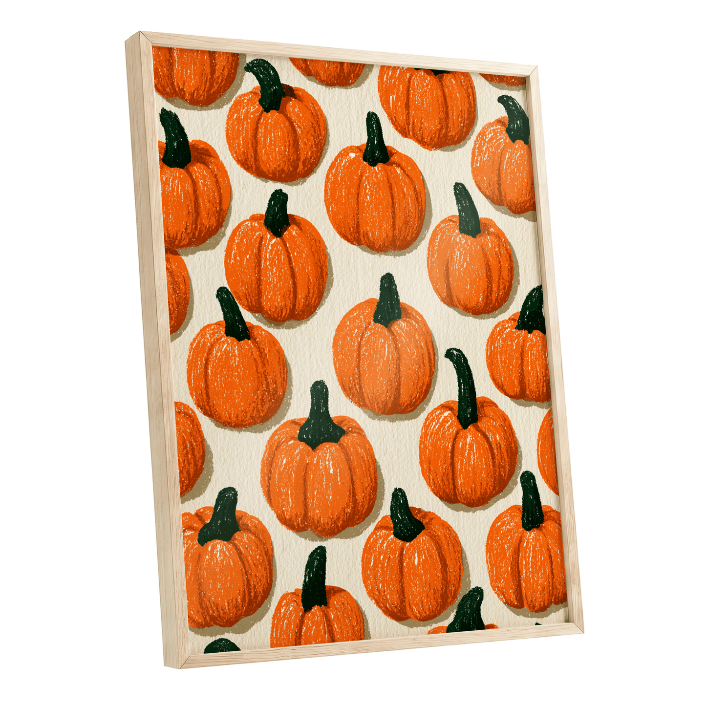 Pumpkin Parade, orange, green, beige nature wall art shown as a oak framed poster wall art print