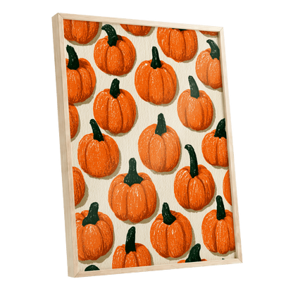 Pumpkin Parade, orange, green, beige nature wall art shown as a oak framed poster wall art print