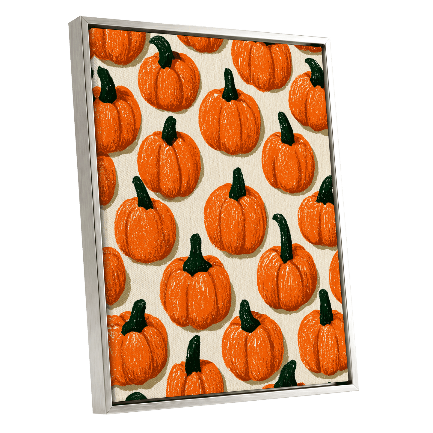 Pumpkin Parade, orange, green, beige nature wall art shown as a silver framed canvas wall art