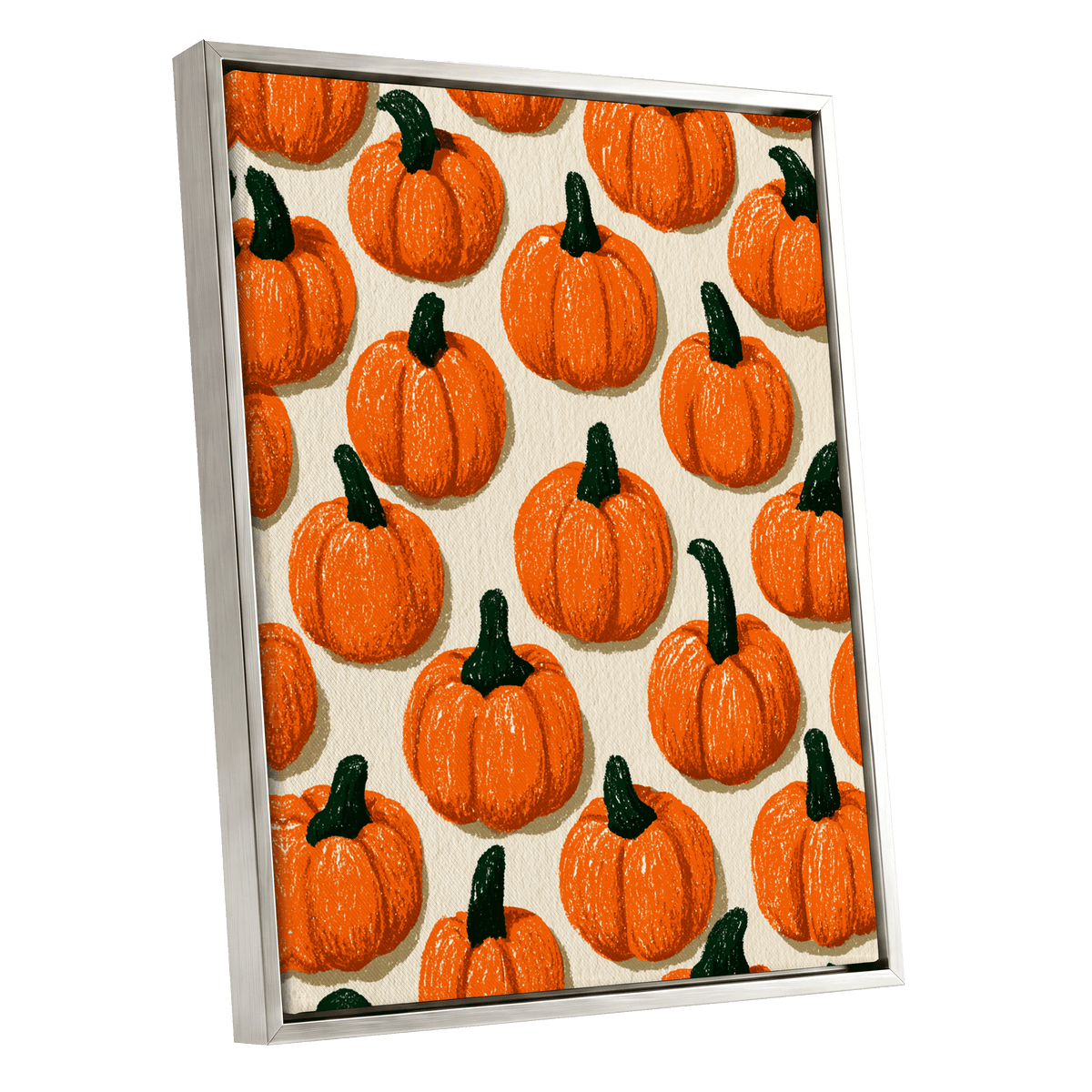 Pumpkin Parade, orange, green, beige nature wall art shown as a silver framed canvas wall art