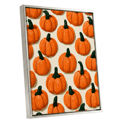 Pumpkin Parade, orange, green, beige nature wall art shown as a silver framed canvas wall art