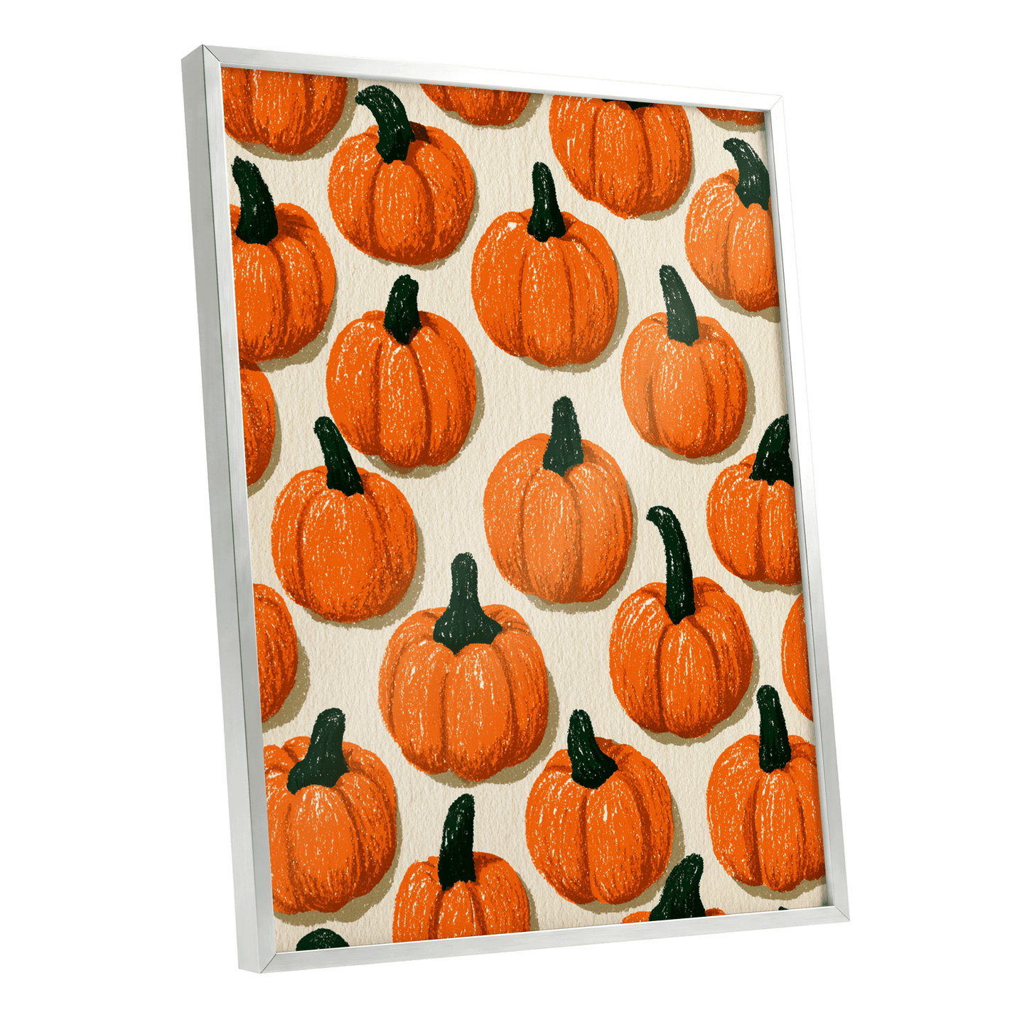 Pumpkin Parade, orange, green, beige nature wall art shown as a silver framed poster wall art print