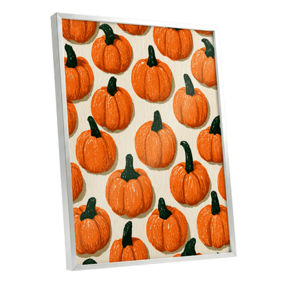Pumpkin Parade, orange, green, beige nature wall art shown as a silver framed poster wall art print