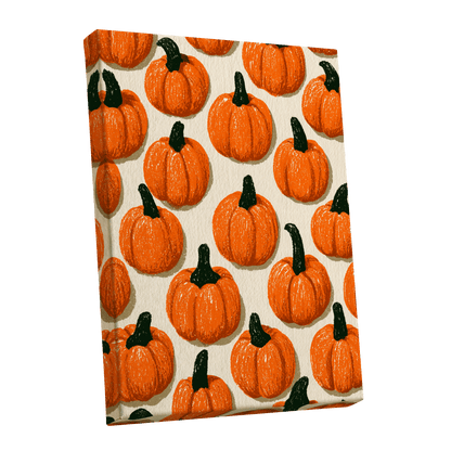 Pumpkin Parade, orange, green, beige nature wall art shown as a stretched canvas wall art