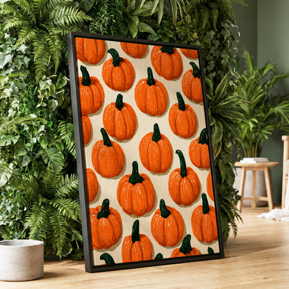 Pumpkin Parade, orange, green, beige nature wall art displayed in a styled interior, gallery view 1