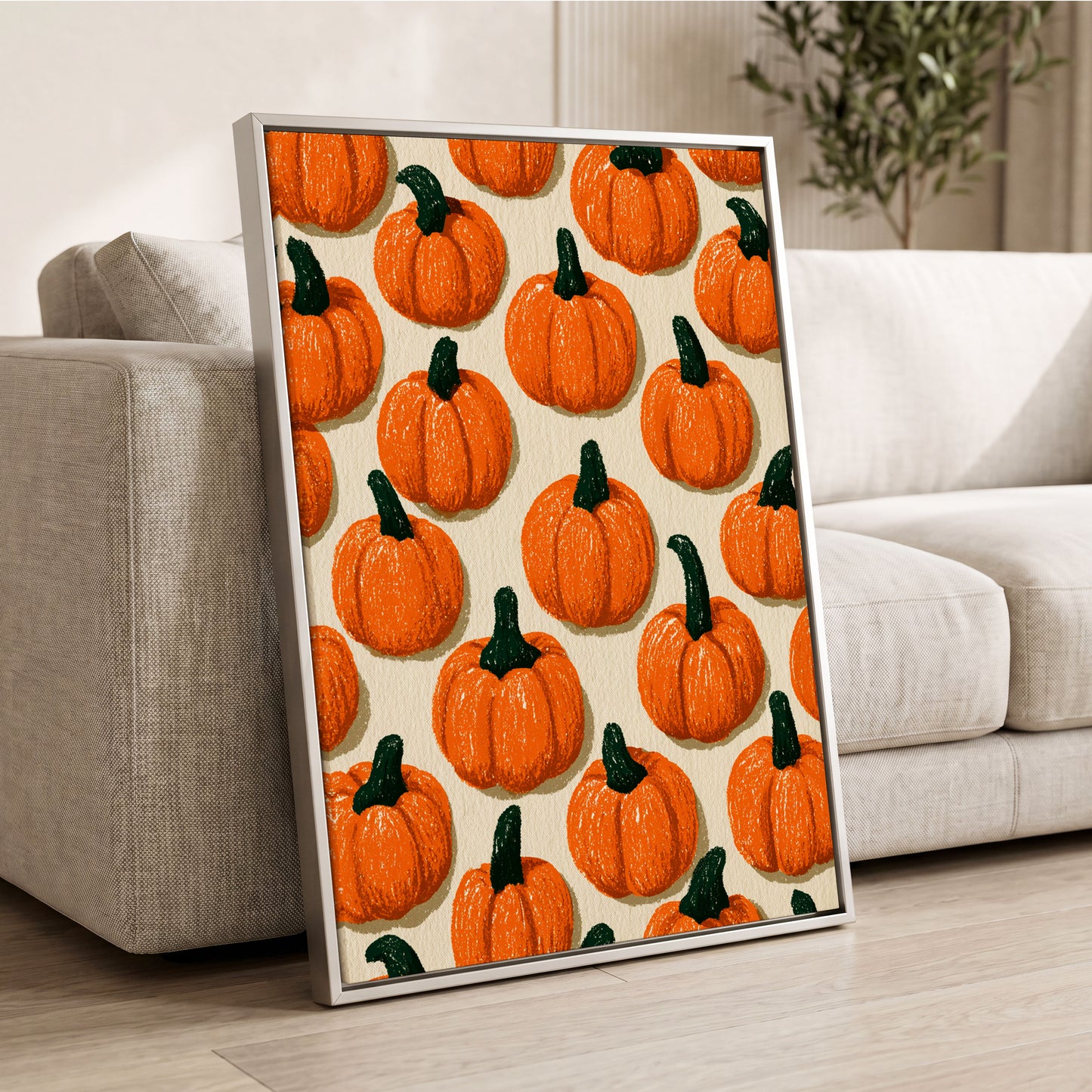 Pumpkin Parade, orange, green, beige nature wall art displayed in a styled interior, gallery view 2