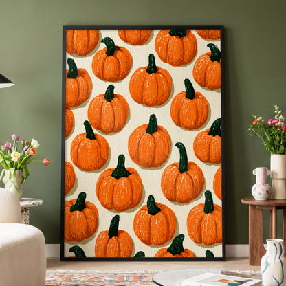 Pumpkin Parade, orange, green, beige nature wall art displayed in a styled interior, gallery view 4