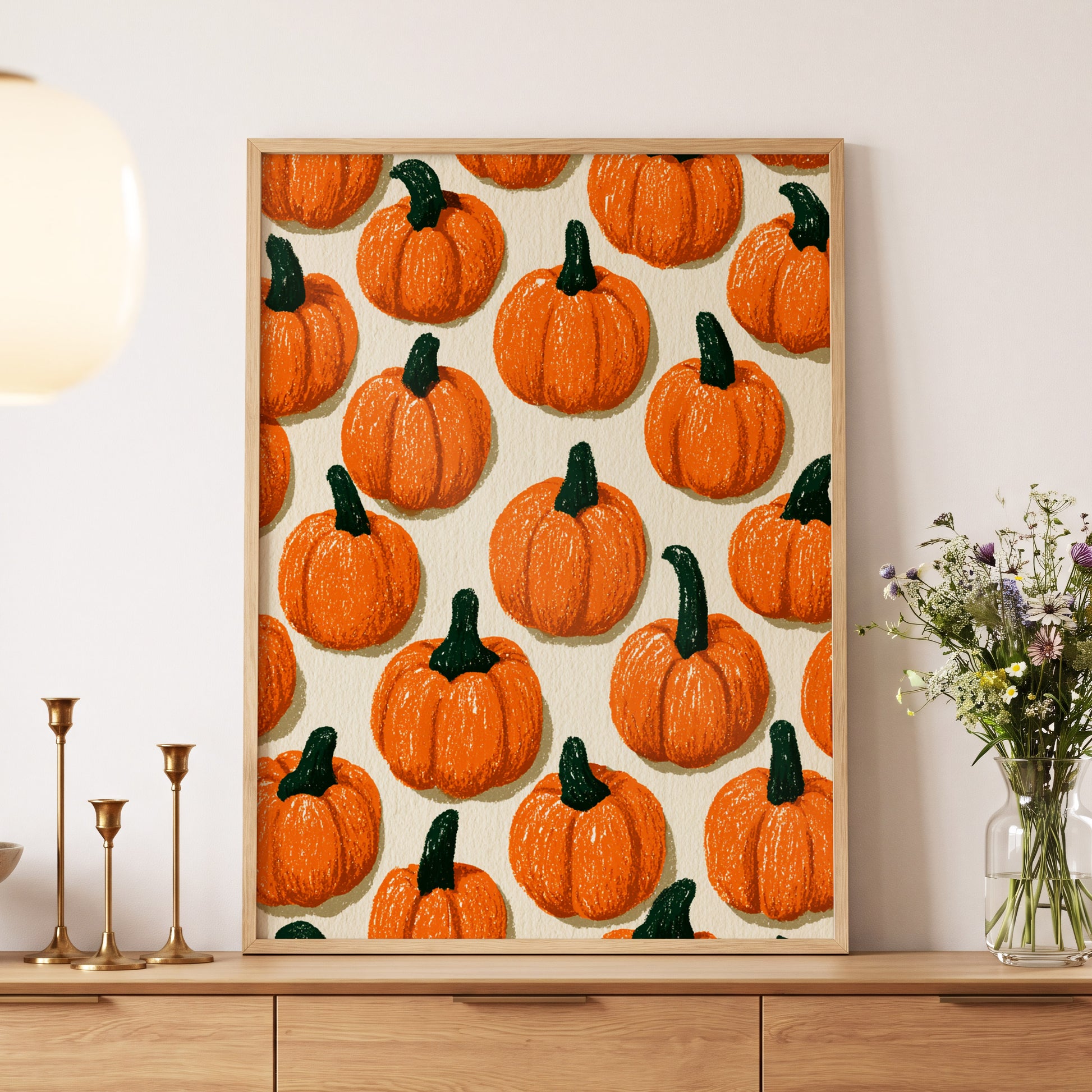 Pumpkin Parade, orange, green, beige nature wall art displayed in a styled interior, gallery view 5