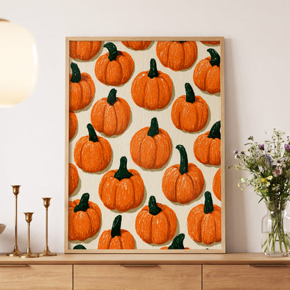 Pumpkin Parade, orange, green, beige nature wall art displayed in a styled interior, gallery view 5