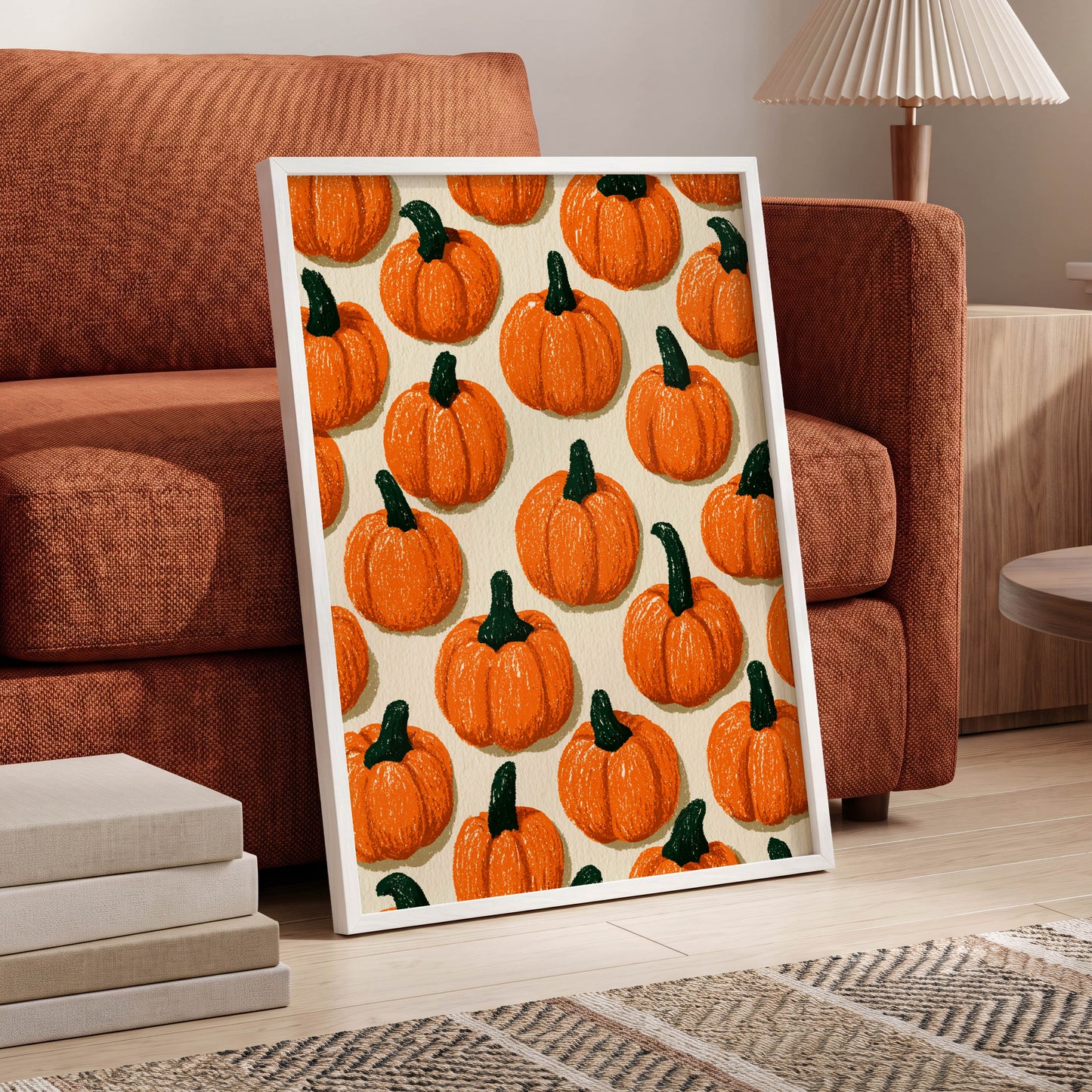 Pumpkin Parade, orange, green, beige nature wall art displayed in a styled interior, gallery view 6