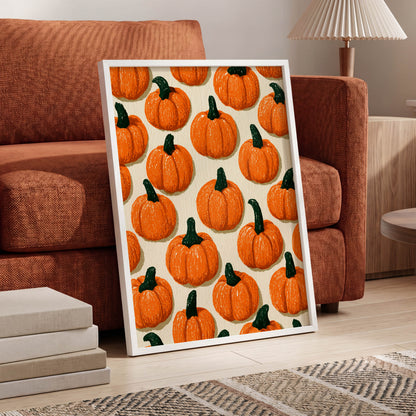 Pumpkin Parade, orange, green, beige nature wall art displayed in a styled interior, gallery view 6