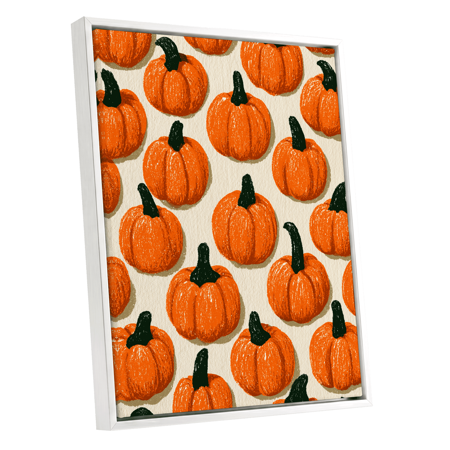 Pumpkin Parade, orange, green, beige nature wall art shown as a white framed canvas wall art