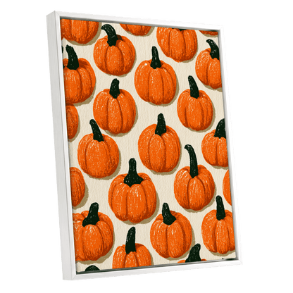 Pumpkin Parade, orange, green, beige nature wall art shown as a white framed canvas wall art