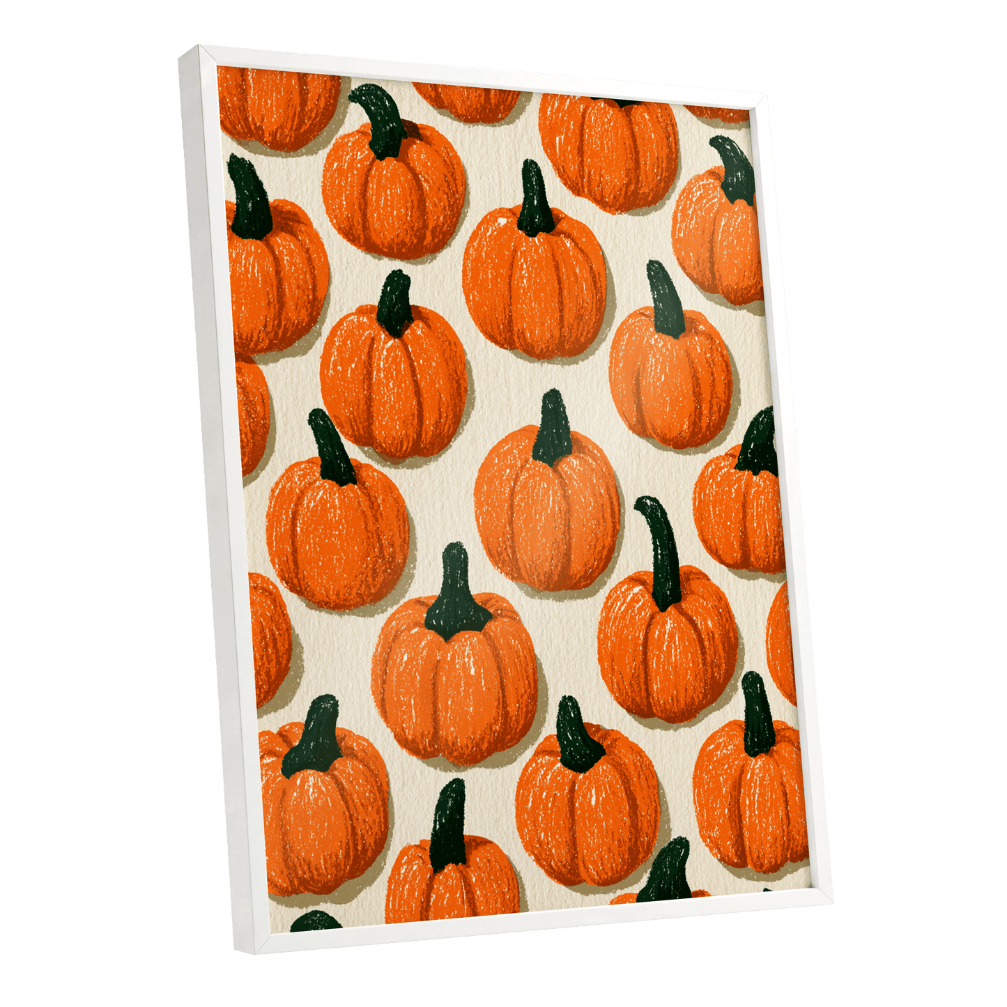 Pumpkin Parade, orange, green, beige nature wall art shown as a white framed poster wall art print