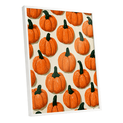 Pumpkin Parade, orange, green, beige nature wall art shown as a white framed poster wall art print