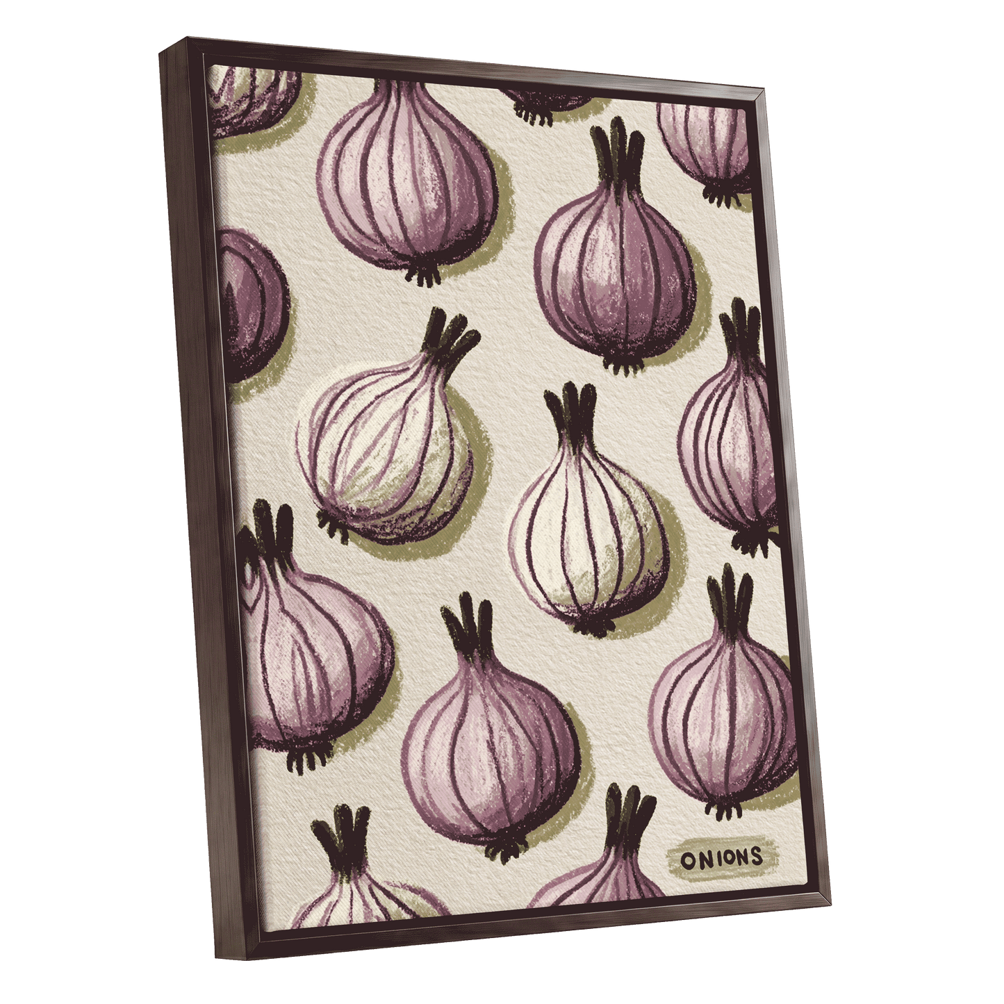 Purple Onion Parade, purple, green, beige nature wall art shown as a black framed canvas wall art