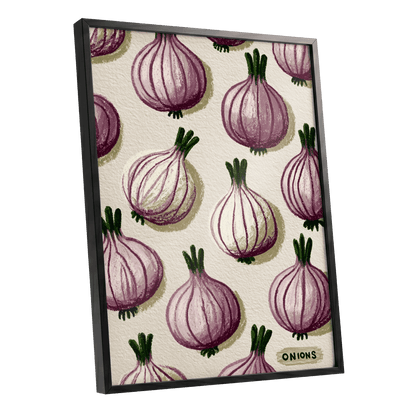 Purple Onion Parade, purple, green, beige nature wall art shown as a black framed poster wall art print