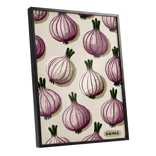 Purple Onion Parade, purple, green, beige nature wall art shown as a black framed poster wall art print