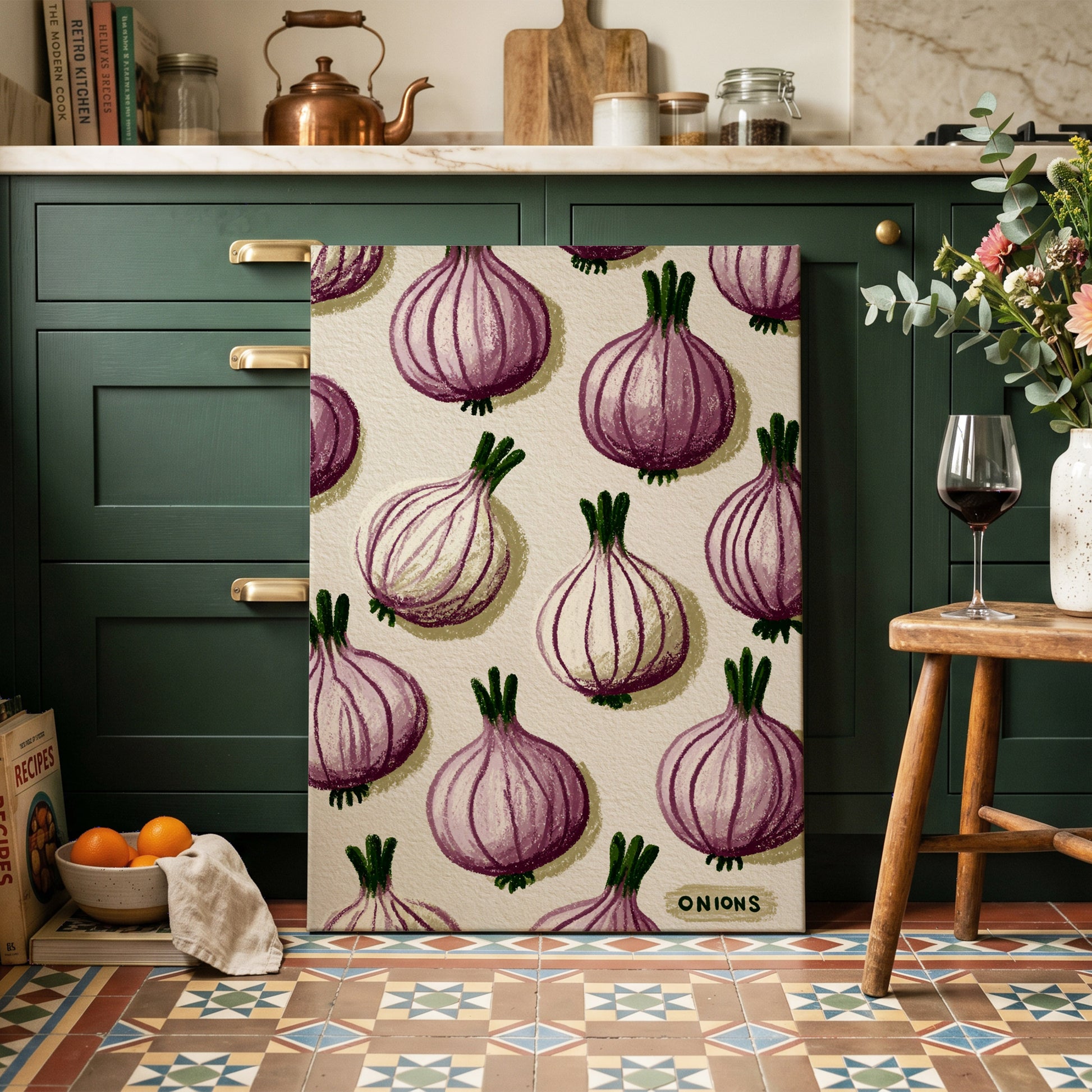 Purple Onion Parade, purple, green, beige nature wall art on canvas displayed in a styled interior, gallery view 1