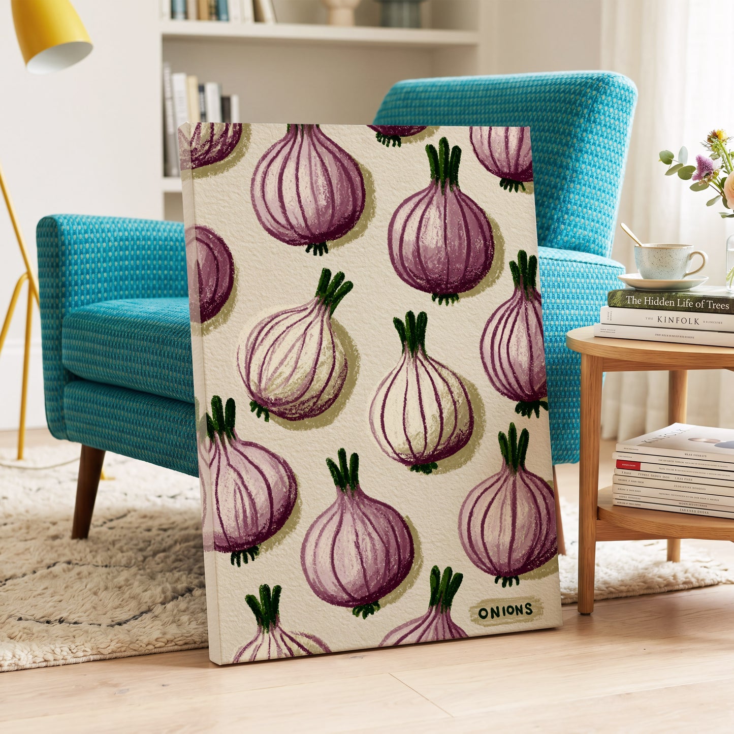 Purple Onion Parade, purple, green, beige nature wall art on canvas displayed in a styled interior, gallery view 2