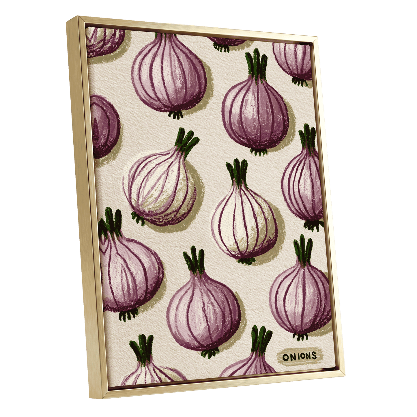 Purple Onion Parade, purple, green, beige nature wall art shown as a gold framed canvas wall art