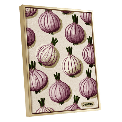 Purple Onion Parade, purple, green, beige nature wall art shown as a gold framed canvas wall art