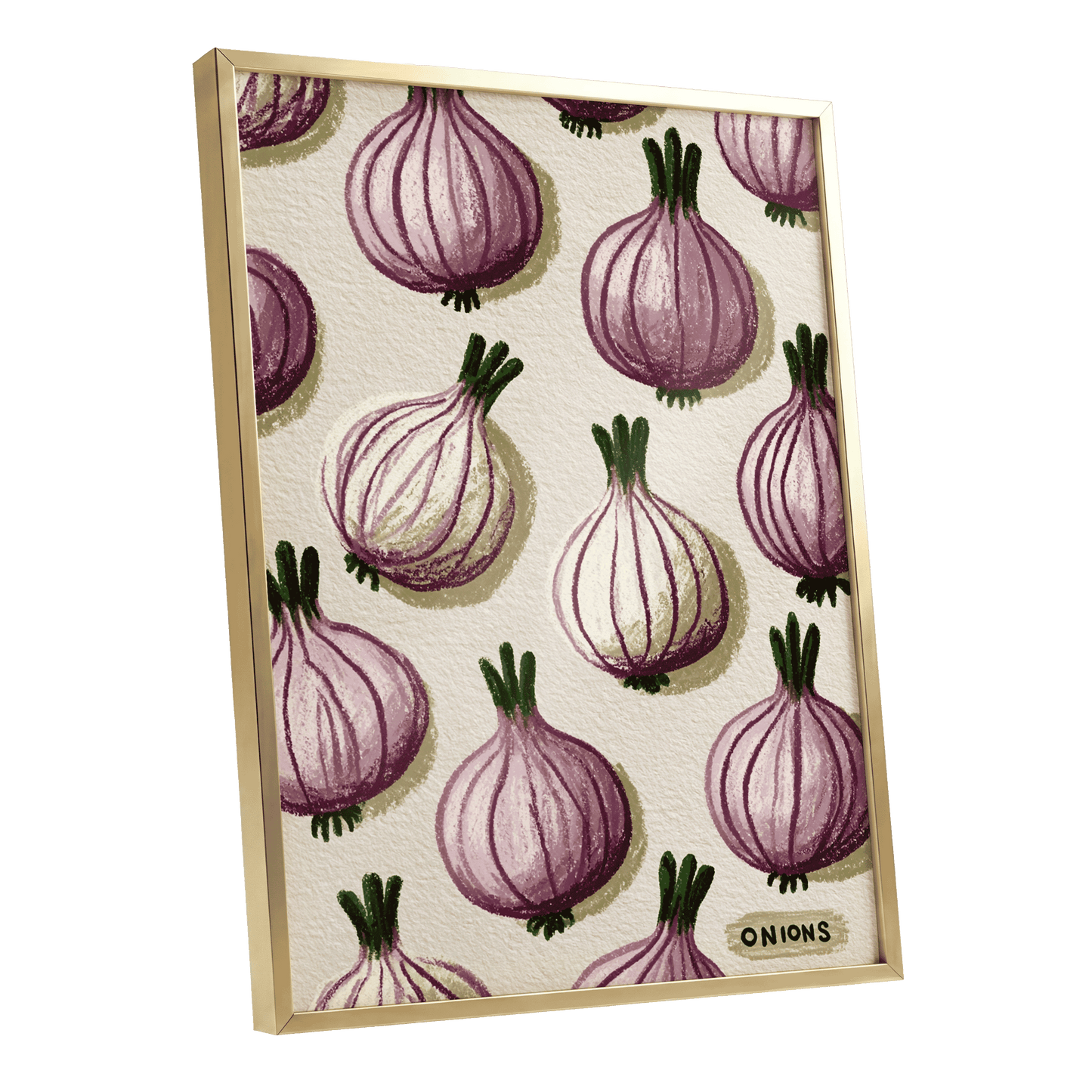 Purple Onion Parade, purple, green, beige nature wall art shown as a gold framed poster wall art print