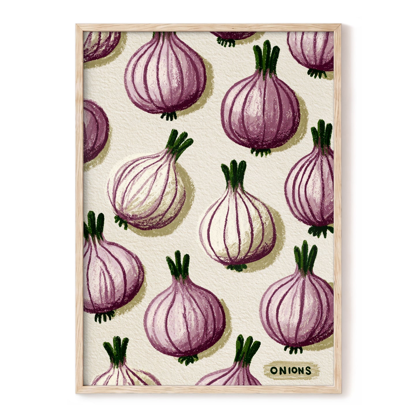 Purple Onion Parade, purple, green, beige nature wall art, front artwork view