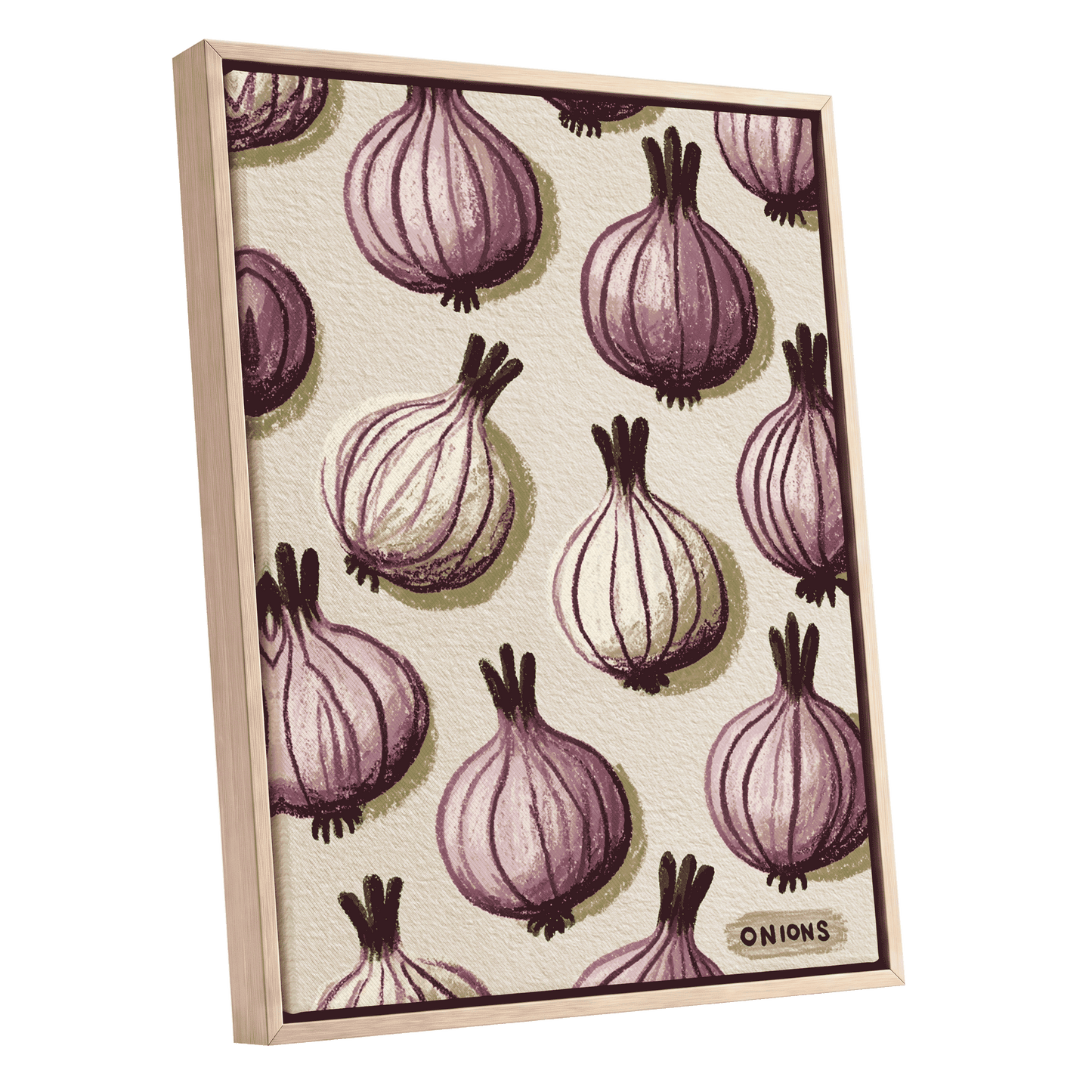 Purple Onion Parade, purple, green, beige nature wall art shown as a oak framed canvas wall art