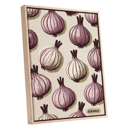 Purple Onion Parade, purple, green, beige nature wall art shown as a oak framed canvas wall art
