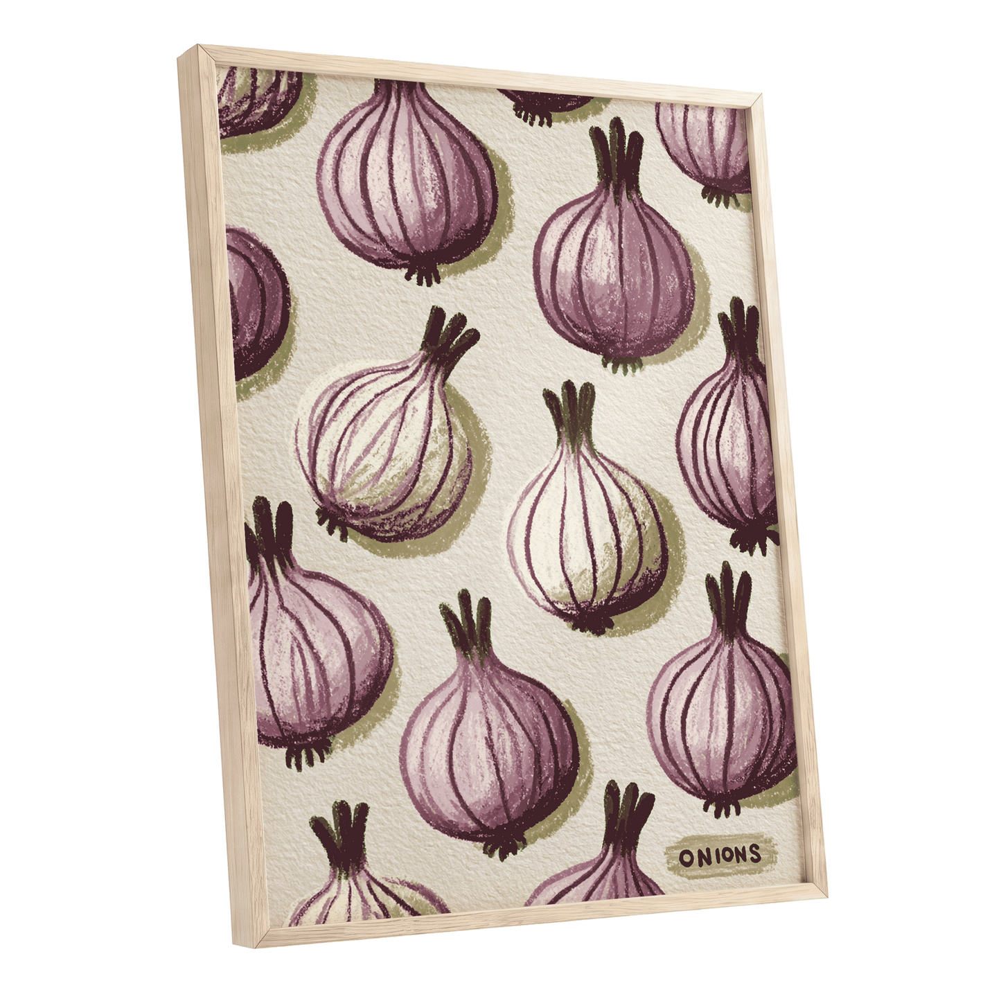 Purple Onion Parade, purple, green, beige nature wall art shown as a oak framed poster wall art print