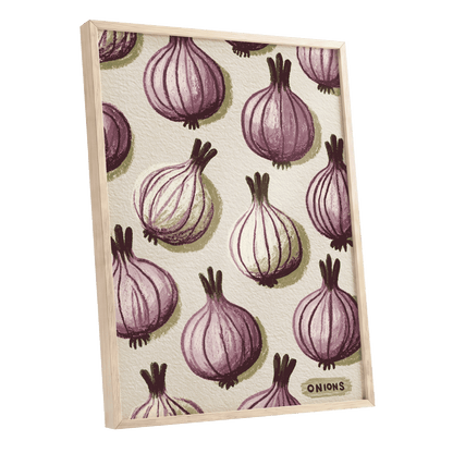 Purple Onion Parade, purple, green, beige nature wall art shown as a oak framed poster wall art print