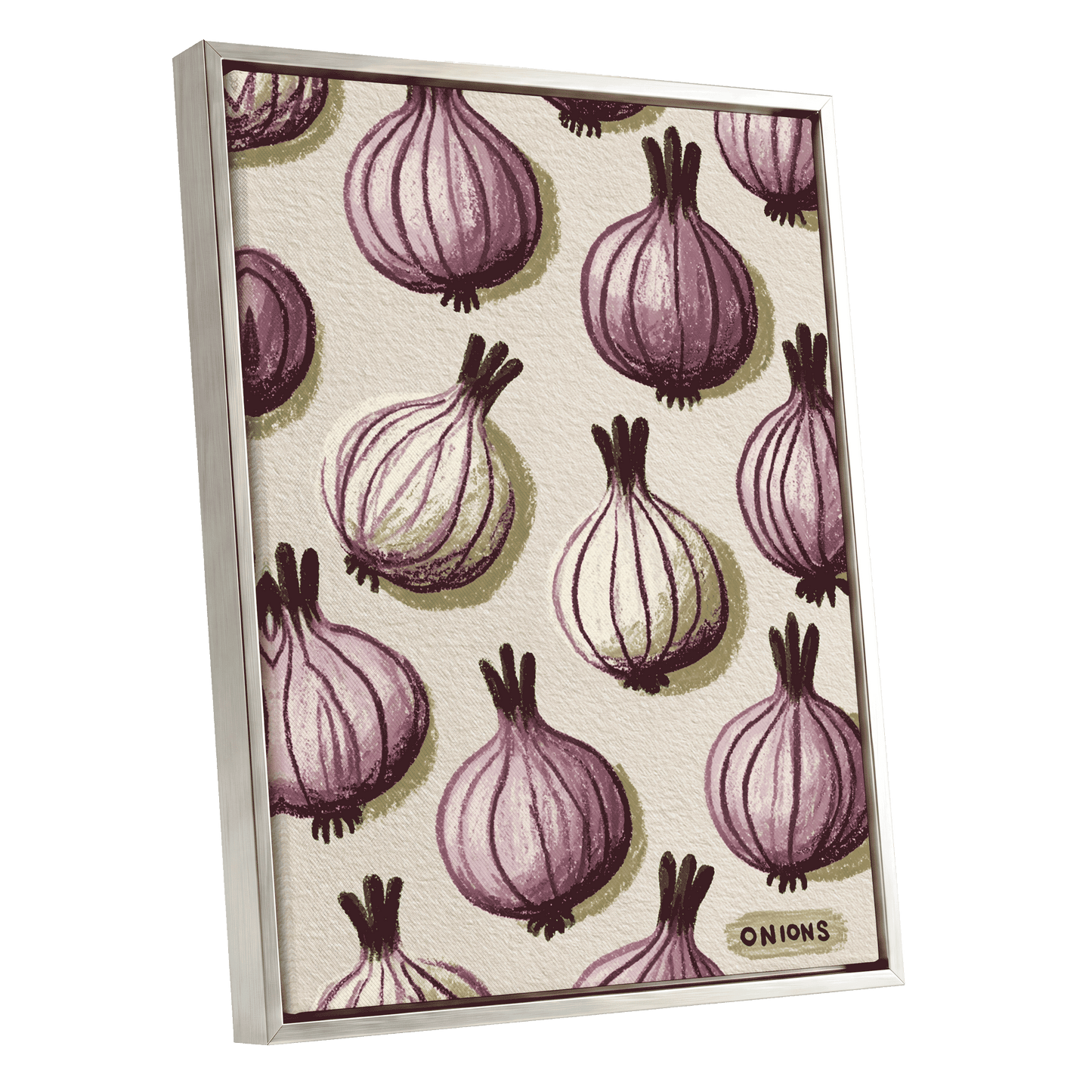 Purple Onion Parade, purple, green, beige nature wall art shown as a silver framed canvas wall art