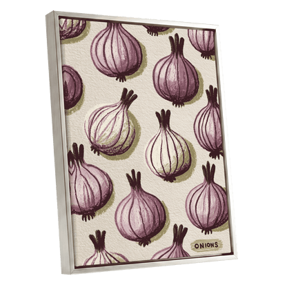 Purple Onion Parade, purple, green, beige nature wall art shown as a silver framed canvas wall art