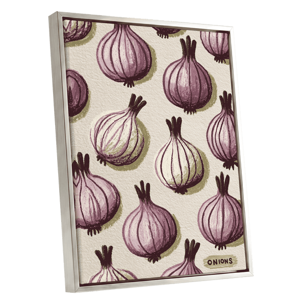 Purple Onion Parade, purple, green, beige nature wall art shown as a silver framed canvas wall art