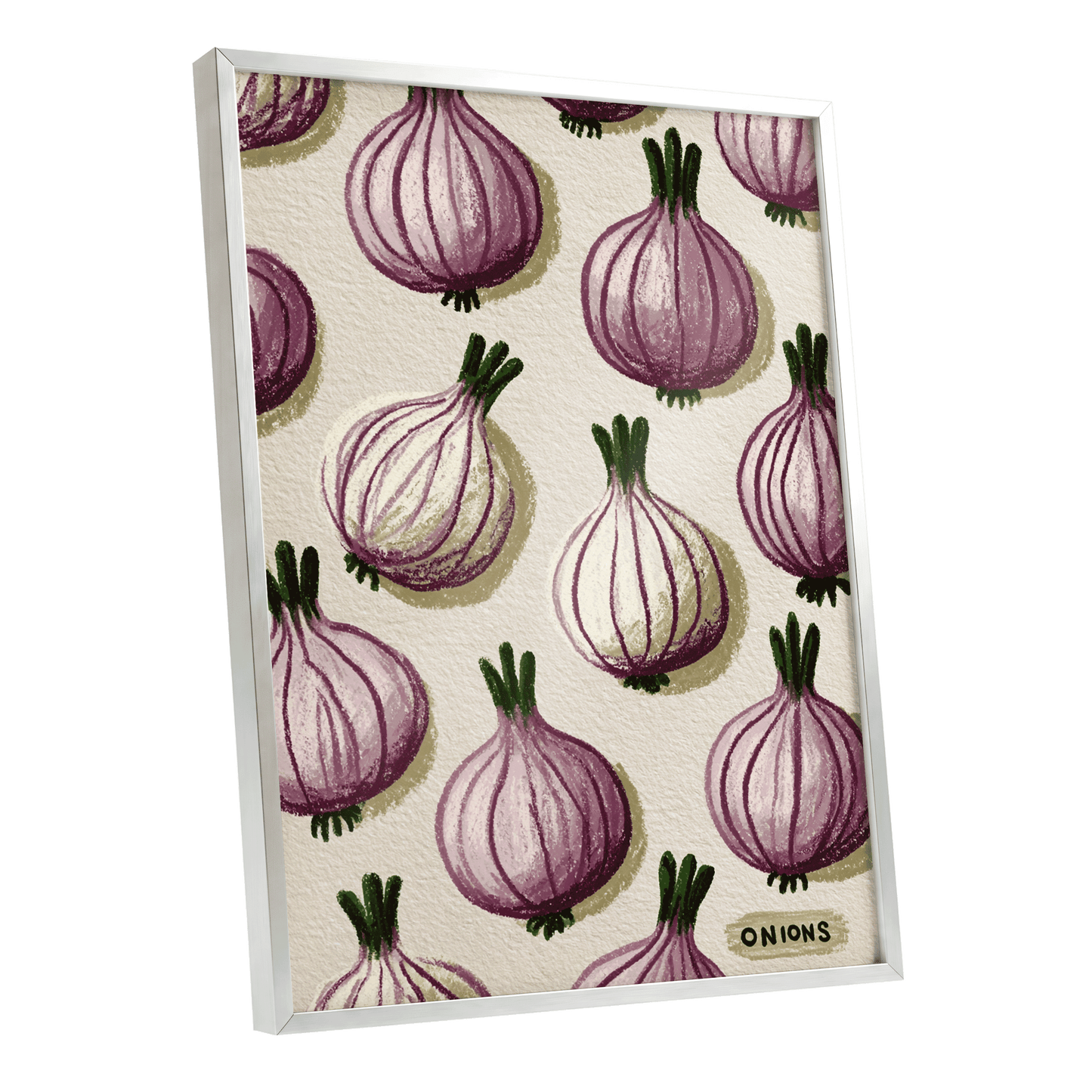 Purple Onion Parade, purple, green, beige nature wall art shown as a silver framed poster wall art print