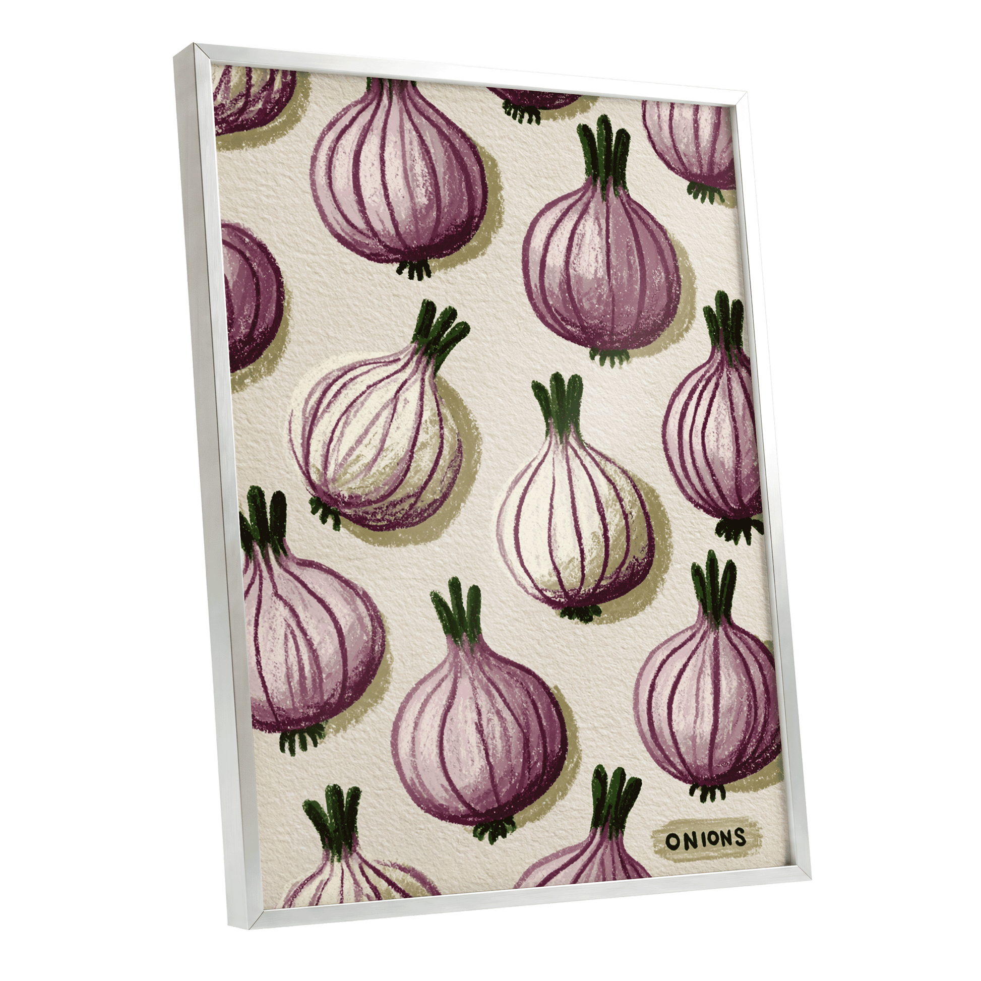 Purple Onion Parade, purple, green, beige nature wall art shown as a silver framed poster wall art print