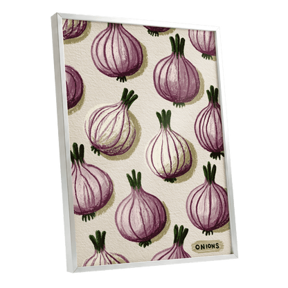 Purple Onion Parade, purple, green, beige nature wall art shown as a silver framed poster wall art print