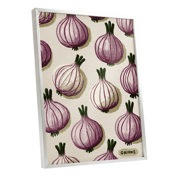 Purple Onion Parade, purple, green, beige nature wall art shown as a silver framed poster wall art print
