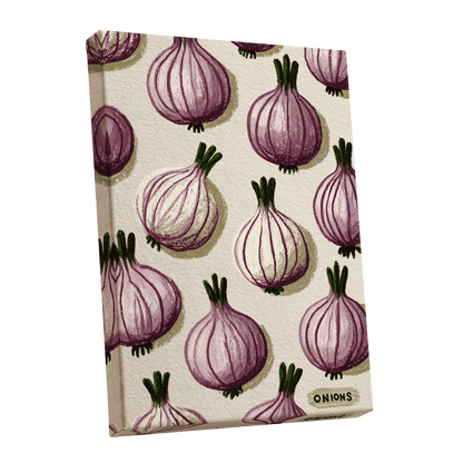 Purple Onion Parade, purple, green, beige nature wall art shown as a stretched canvas wall art