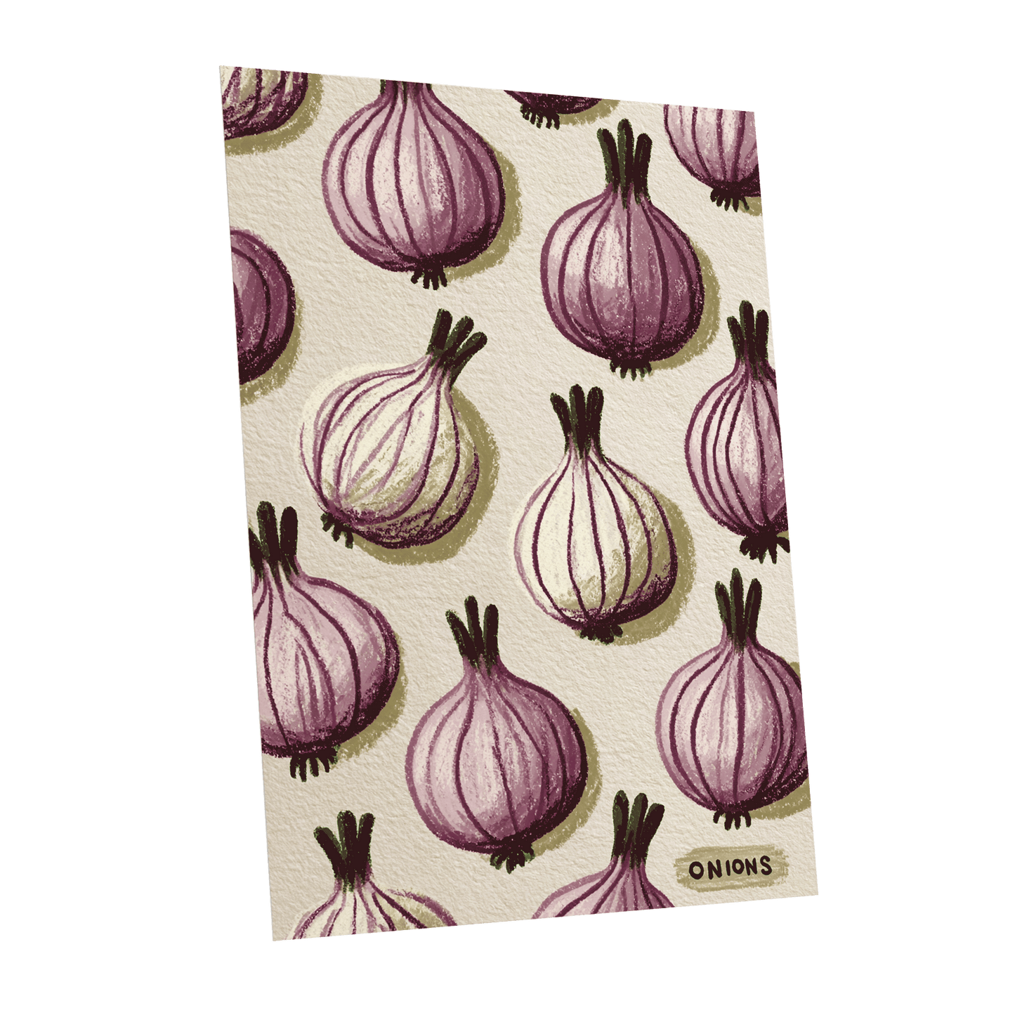 Purple Onion Parade, purple, green, beige nature wall art shown as a unframed poster wall art print