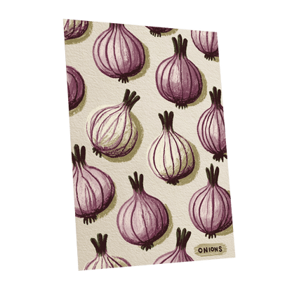 Purple Onion Parade, purple, green, beige nature wall art shown as a unframed poster wall art print