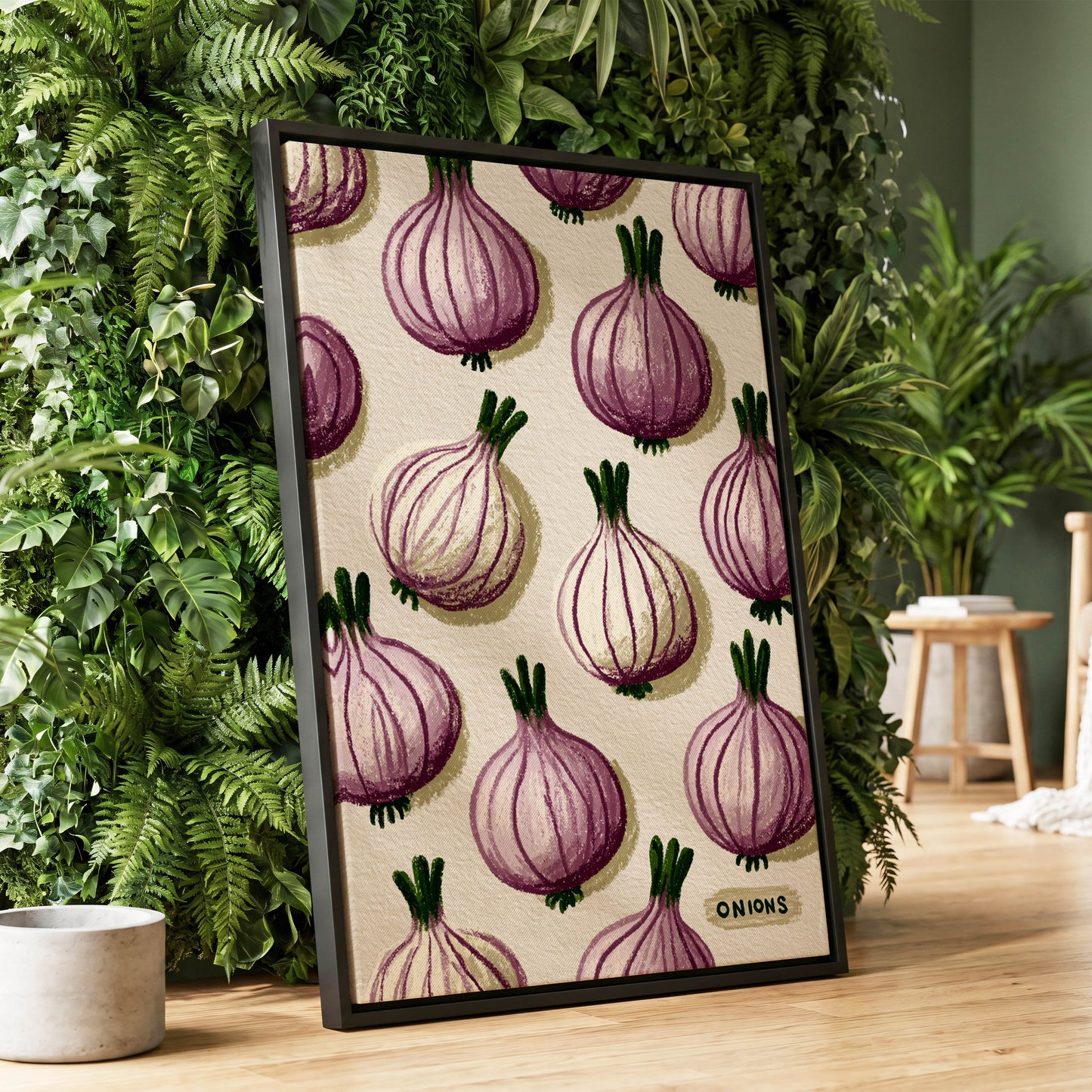 Purple Onion Parade, purple, green, beige nature wall art displayed in a styled interior, gallery view 1