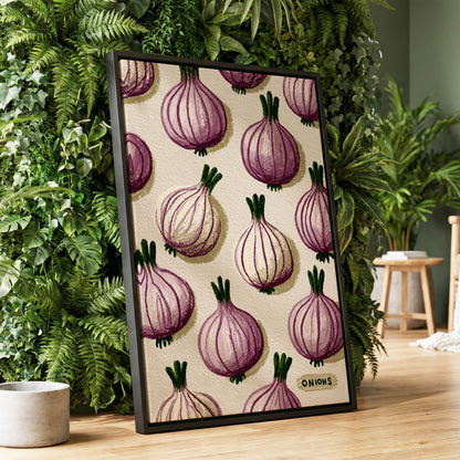 Purple Onion Parade, purple, green, beige nature wall art displayed in a styled interior, gallery view 1