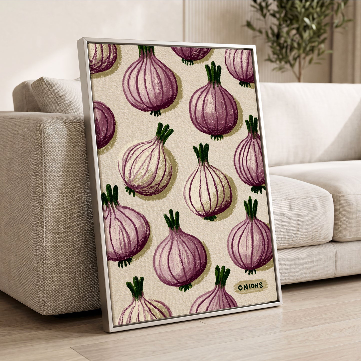 Purple Onion Parade, purple, green, beige nature wall art displayed in a styled interior, gallery view 2