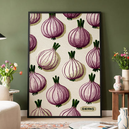 Purple Onion Parade, purple, green, beige nature wall art displayed in a styled interior, gallery view 4